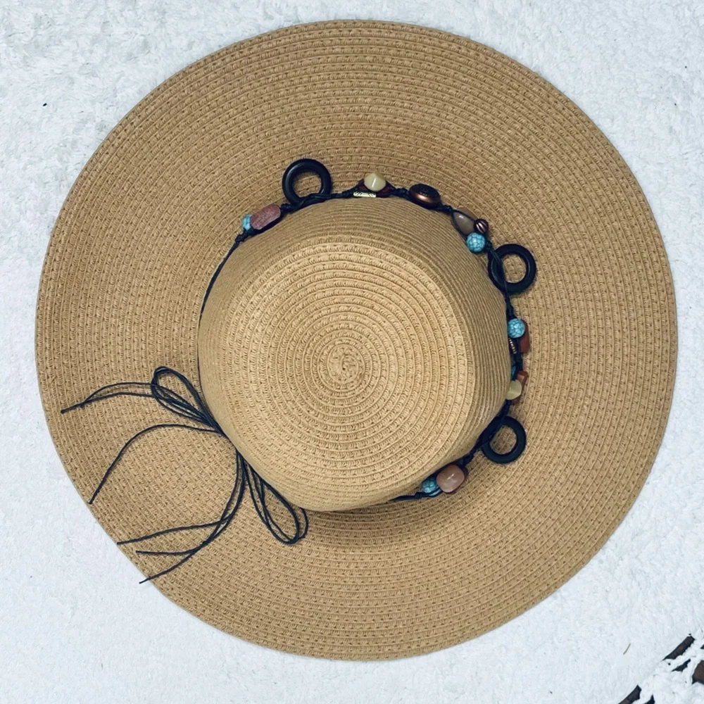 Royal Resortwear woven beaded turquoise and wood leather lace Sun hat for Sumner
